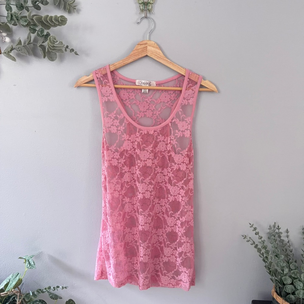 Bozzolo Tank Top Y2K Fairy Floral Lace Racerback Pink Sheer Scoop Neck Wmns L